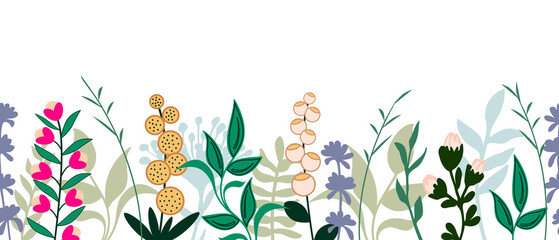 Horizontal banner with floral row, seamless pattern with artist different multicolored flowers, herbs and leaves. Botanical flat vector illustration isolated on white background.