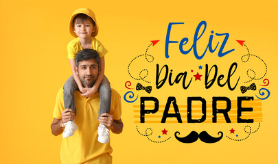 Greeting card for International Father's Day with daddy and son on yellow background