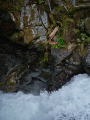 River rock face as white water cascades