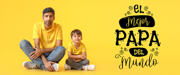 Greeting card for International Father's Day with daddy and son on yellow background - obrazy, fototapety, plakaty