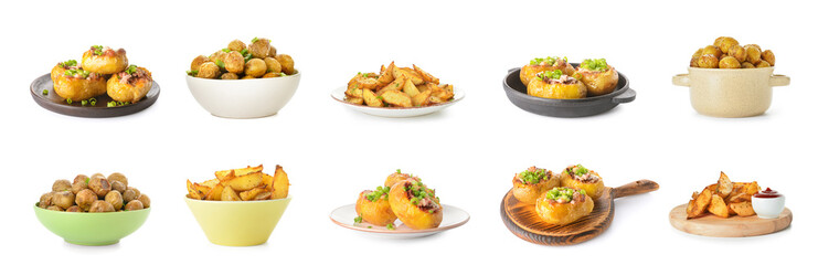 Set of delicious potato dishes on white background