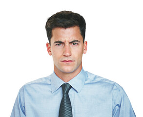 Taking his business seriously. Studio portrait of a young businessman frowning against a white background.