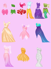 set of dresses fairy. Beautiful dresses fairy character  Vector. 