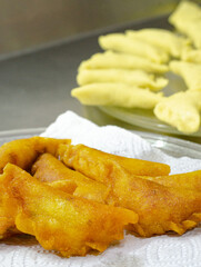 Fried empanada with corn base on its cover. Typical Colombian food, South America. Close up.