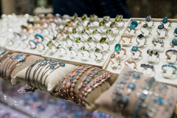 Many kinds of beautiful, sophisticated and very unique Ottoman jewelry in shop at the Grand Bazaar,...