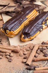 chocolate-covered custard eclair with creamy chocolate cream