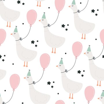 Seamless pattern with cartoon goose, balloons, decor elements. Festive colorful vector, flat style. hand drawing. happy Birthday. kids design for print, wrappers