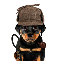 Puppy dog detective with pipe and magnifying glass isolated on white background conceptual photo. Funny animals concept