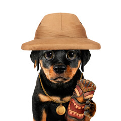 Cute cool dog puppy adventurer explorer with pit helmet and ancient totem idol symbol funny...