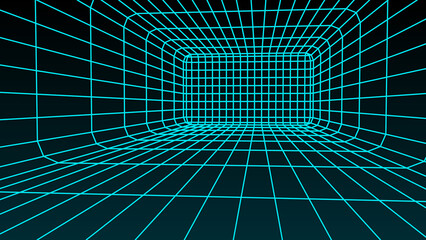 Perspective blue grid on a dark background. Futuristic vector illustration. Virtual reality framework. Background in the style of the 80s.