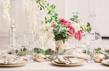 Stylish table setting for wedding celebration