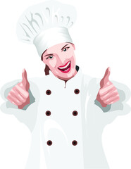 A woman chef wearing a white coat and a kitchen hood on her head while smiling 