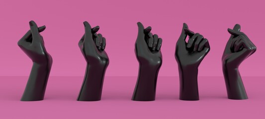 3D illustration of a row of hand models showing Korean Finger Heart or Saranghae gesture with crisscrossing fingers. - obrazy, fototapety, plakaty