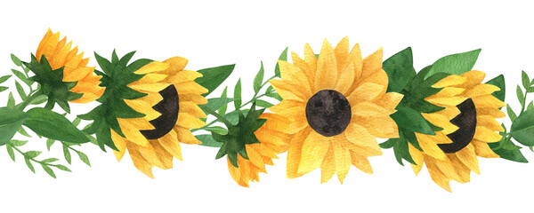 Sunflowers seamless brush, border, tape with leaves. Hand drawn watercolor Illustration.