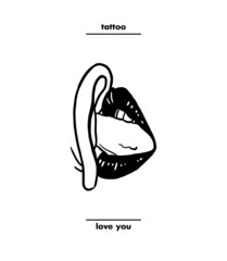 female mouth licking ear tattoo line drawing