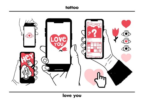 hand holding smartphone with inscription and image on screen drawing set