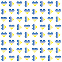 Seamless vector pattern with striped hearts in blue and yellow with Ukrainian national colours. Repeating pattern. Support Ukraine.