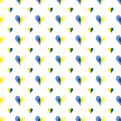 Seamless vector geometric pattern with polka dot hearts on white background. Shades of blue and yellow including Ukrainian national colours. Support Ukraine.