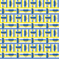Seamless vector pattern with striped hearts on striped background. Shades of blue and yellow including Ukrainian national colours. Support for Ukraine.