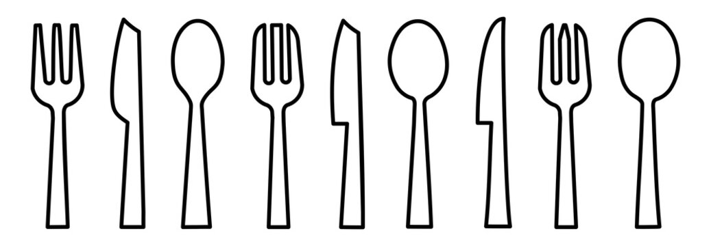  Tableware Vector illustration spoon, Fork, knife, and plate icon set in line style, Dinner service collection