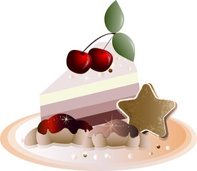 Sweets with cherries on the cake and croissants, food