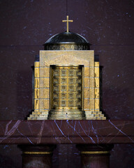 Close up of a brass tabernacle in the Co-Cathedral of the Sacred Heart Catholic church in downtown Houston, Texas