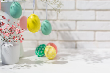 Beautiful Easter postcard background with copy space. Decorated interior