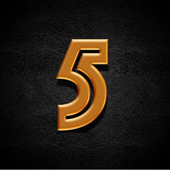 Golden alphabet on dark background, number five, 3d render