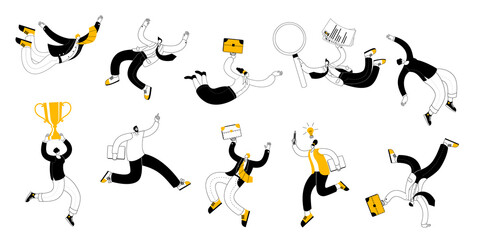 People are jumping merrily with a victory cup in their hands. Set of Vector illustration in a outline style on the theme of the success of teamwork.