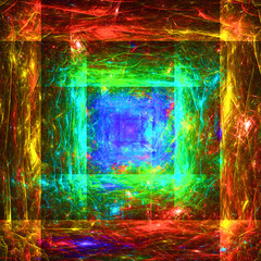 Creación de arte conceptual digital compuesto de trazos coloridos paralelos y emparejados formando un conjunto con apariencia de estructura cuadrada con un reflejo infinito.