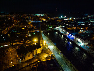 Fototapeta na wymiar Ballina Town at night time from above drone footage Co Mayo Ireland