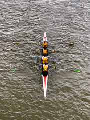 Rowing club competition on a river Thames in london. Putney, west London. Directly above view from...