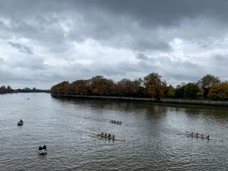 Rowing club competition on a river Thames in london. Putney, west London. Side view from Putney...