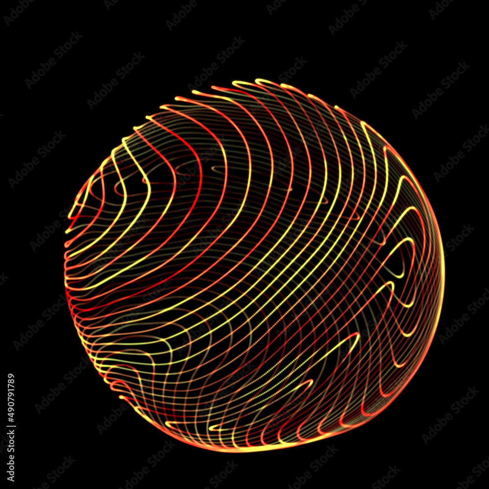 Poster Wireframe red sphere with twisted lines. Futuristic technology circle with twisted glowing lines. Abstract 3d logo. Illustration of curled stripes shape.