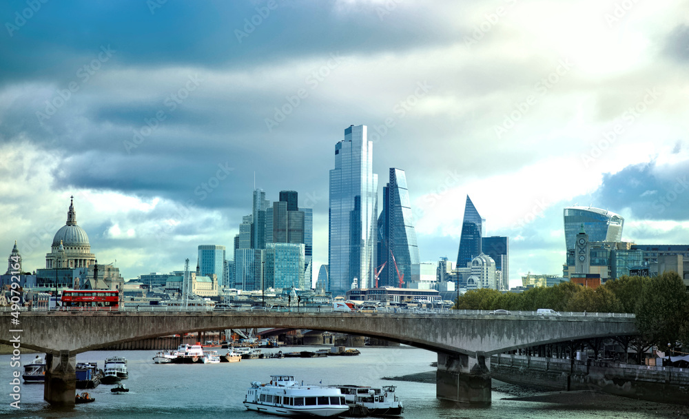 Canvas Prints view of a bridge over boats and The Pinnacle Skyscrapers in the background with a gray light sky