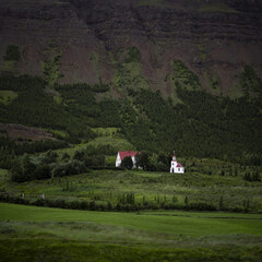 View of a mountainside church in Iceland.