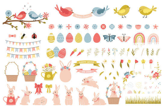 A set of cute decorative elements for Easter and spring. Flowers, birds, eggs, Easter bunnies, rainbows. Collection of cartoon decorative elements. Vector illustration isolated on a white background.