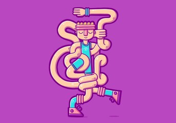 character illustration doing yoga, stretching, tangled