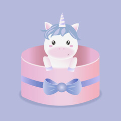 Obraz na płótnie Canvas cute white unicorn is sitting on the gift box. Print for postcards, t-shirts, prints, banners. Vector design isolated on background