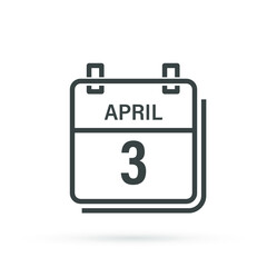 April 3, Calendar icon with shadow. Day, month. Flat vector illustration.