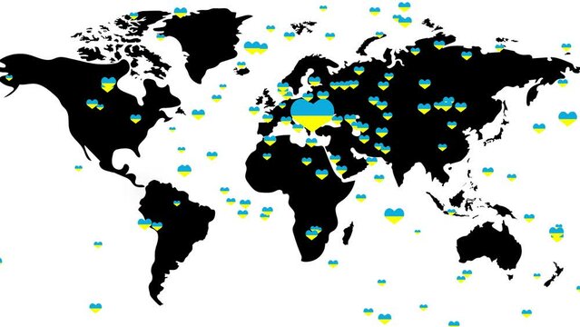 Ukraine wants peace, no war. World map on which hearts fly in the colors of the flag of Ukraine.