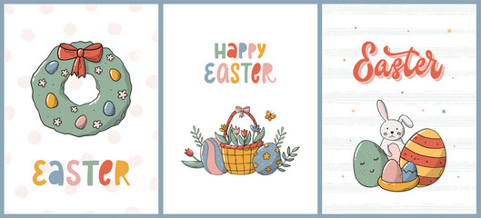 set of Easter greeting cards, posters, prints, invitations, banners, signs, etc. Lettering quotes decorated with doodles of easter eggs. EPS 10