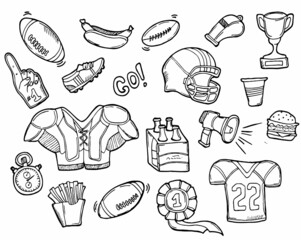 Doodle American Football Icons set. Rugby football. Spring sports © Saramix
