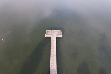 Bird's eye view of a wooden pier on the lake in Milwaukee, Wisconsin, USA