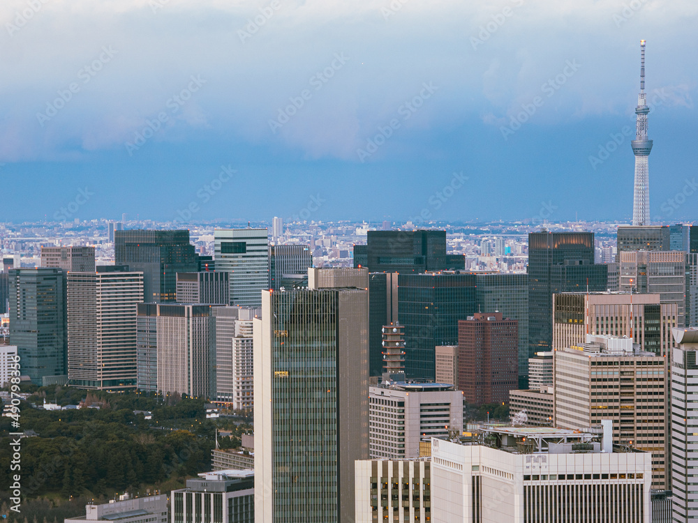 Canvas Prints Cityscape of Tokyo with high-rise modern buildings under a blue cloudy sky on a sunny day