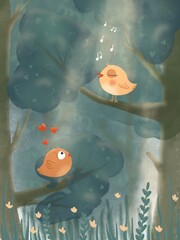 small birds sit on the branches of trees in the spring forest and sing
