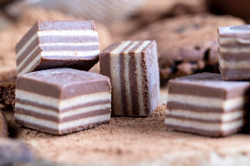 multi-layered sweets made of cream and chocolate layers