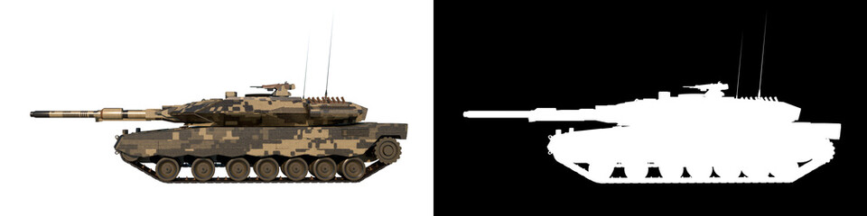 Fototapeta na wymiar Leopard tank combat vehicle - Lateral view white background alpha png 3D Rendering Ilustracion 3D 