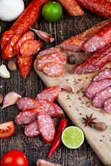 sliced pieces of sausage from meat are lying on a cutting board