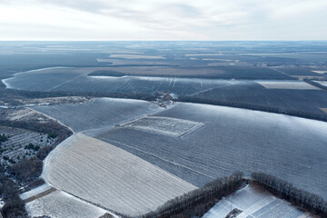 View from a height of a large winter landscape with a snowy field and forests